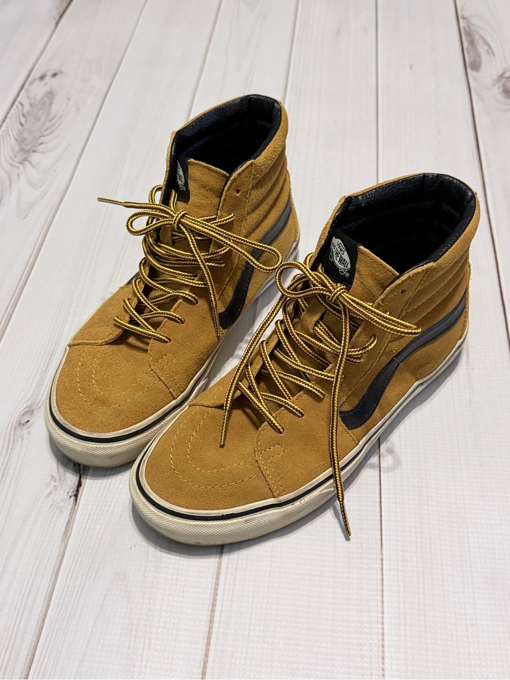 Vans High-Top Suede Sneakers in Mustard with Black Stripe